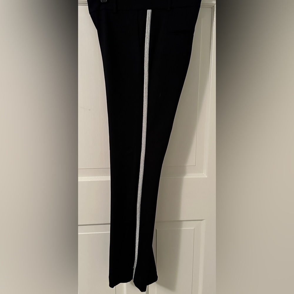 Ann Taylor straight leg pants.  Black with silver tuxedo stripe.